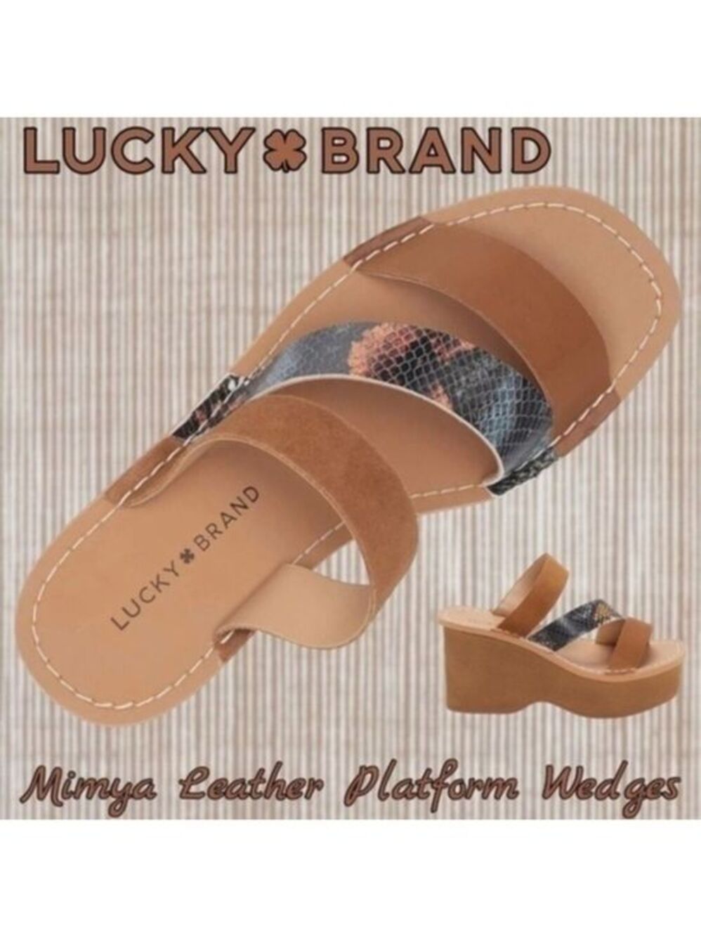 LUCKY BRAND Mimya Leather/Suede/Snake Print Strap Wedge Heeled Sandals/10M NWT